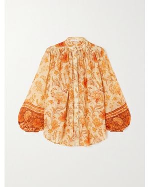Zimmermann Junie Gathered Embellished Floral-Print Ramie Blouse - Orange