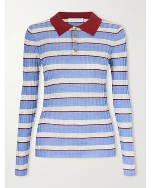 Brandon Maxwell The Joni Striped Silk And Cashmere-Blend Polo Sweater - Blue