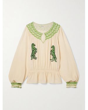 Bode Rearing Stallions Ruffled Smocked Embroidered Crepe De Chine Blouse - Natural