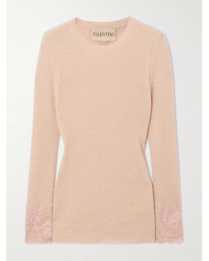Valentino Garavani Lace-Trimmed Ribbed Cashmere Top - Natural