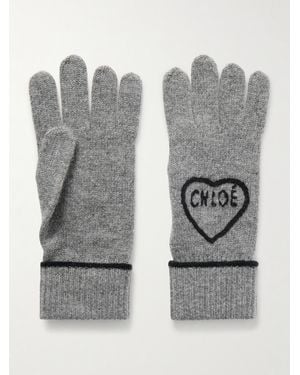 Chloé Embroidered Wool And Cashmere-Blend Gloves - Gray