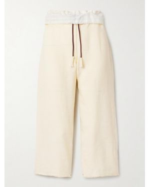 Thank You Have A Good Day Cropped Panelled Appliquéd Linen Wide-Leg Trousers - Natural