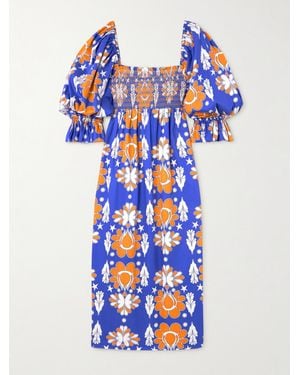 Borgo De Nor Viona Shirred Printed Cotton-Poplin Midi Dress - Blue