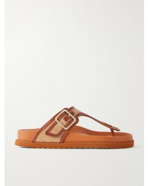 Birkenstock Gizeh Framed Leather-Trimmed Raffia Sandals - Brown