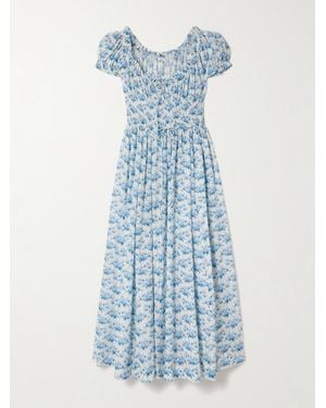 Doen Ashlynn Tie-Detailed Shirred Floral-Print Organic Cotton-Voile Midi Dress - Blue