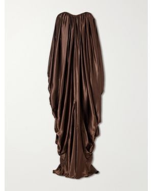 Abadia Draped Strapless Satin Gown - Brown