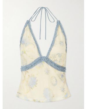 SIR. Cecile Ruffled Printed Chiffon Halter Top - Blue