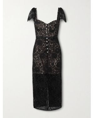 Self-Portrait Belted Embellished Cotton-Blend Lace Midi Dress - Black