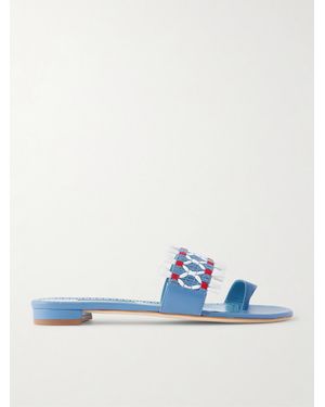 Manolo Blahnik Brava Raffia-Trimmed Crocheted Leather Sandals - Blue