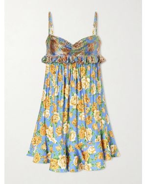 Rabanne Embellished Ruffled Floral-Print Jersey Mini Dress - White