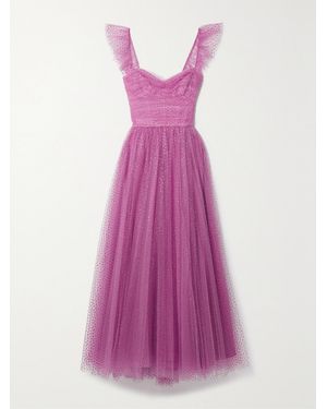 Monique Lhuillier Ruffled Gathered Glittered Tulle Gown - Purple