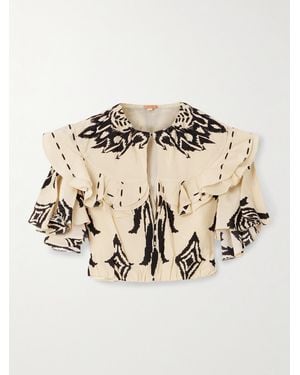 Johanna Ortiz Influencial Tribes Cropped Ruffled Printed Silk-Chiffon Top - Natural