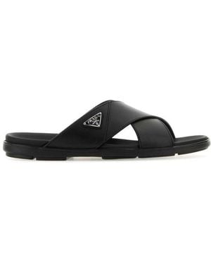 Prada Triangle Logo Slip On Sandals - Black