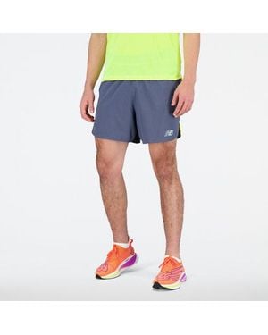 New Balance Impact Run 5 Inch Short In Yellow Polywoven - Blue