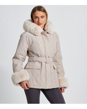 Quiz Padded Faux Fur Trim Jacket New Look - Natural