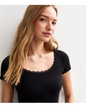 New Look Ribbed Jersey Lace Trim Top - Black