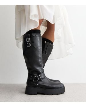 New Look Chunky Buckled Faux Leather Knee High Boots - Black