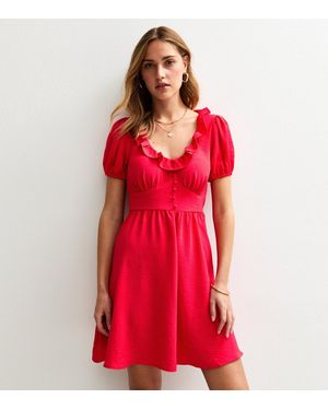 New Look Ruffle Trim Puff Sleeve Mini Dress - Red