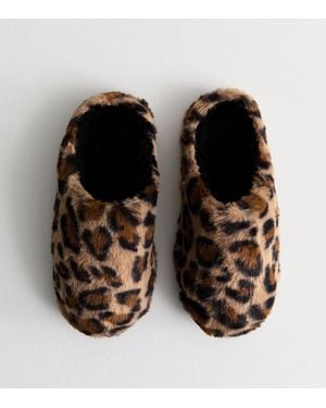 New Look Leopard Print Faux Fur Mule Slippers - Black