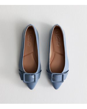 New Look Wide Fit Light Faux Patent Leather Buckled Ballerina Flats - Blue