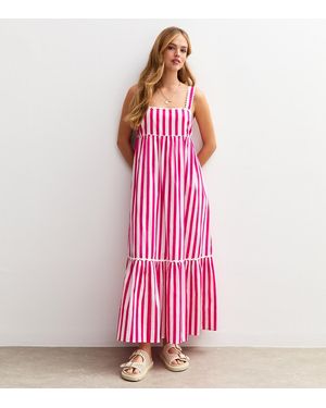 New Look Striped Scalloped Edge Midi Dress - Pink