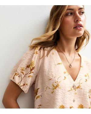 New Look Textured Floral Print Puff Sleeve Button Front Top - Brown
