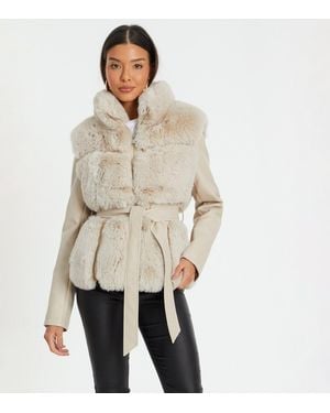 Quiz Faux Leather Faux Fur Jacket New Look - Natural