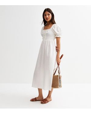 New Look Tie Front Shirred Midi Dress - White