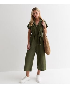 New Look Petite Cotton Belted Utility Jumpsuit - Green