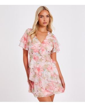 Quiz Chiffon Floral Print Skater Mini Dress New Look - Pink