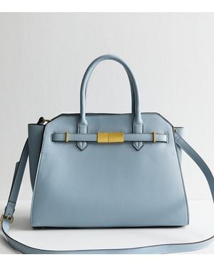 New Look Grained Faux Leather Lock Buckle Tote Bag - Blue