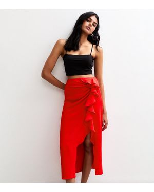 New Look Ruffle Trim Hem Slit Midi Skirt - Red