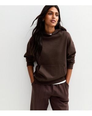 New Look Oversized Front Pocket Jersey Hoodie - Brown