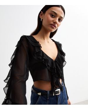 New Look Ruffle Trim Sheer Cropped Blouse - Black