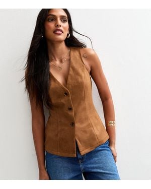 New Look Tan Faux Suede Button Up Waistcoat - Blue