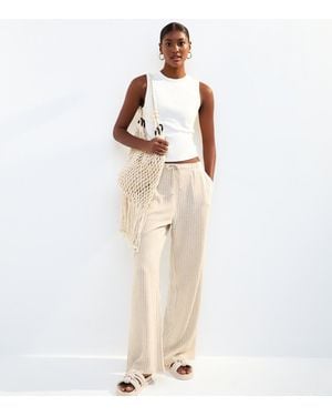 New Look Stripe Linen Look Wide Leg Trousers - Natural