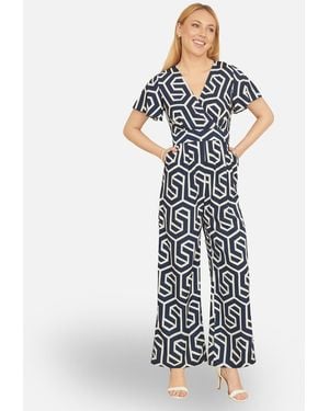 Yumi' Geometric Print Wrap Jumpsuit New Look - Blue