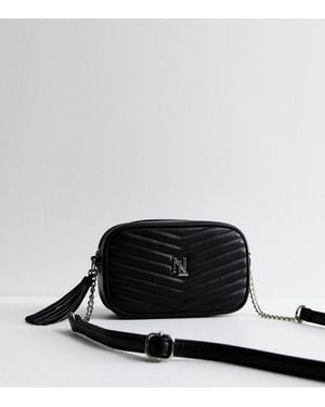 New Look Chevron Leather-Look Tassel Crossbody Bag Vegan - Black