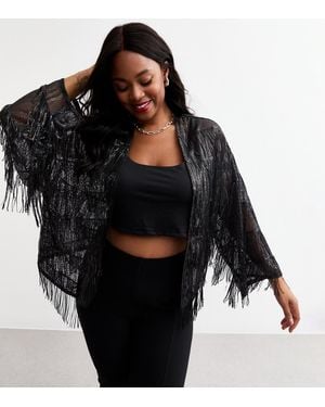 New Look Sequinned Fringe Open Front Cardigan - Black
