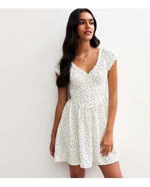 New Look Polka Dot Frilly Trim Micro Mini Dress - White