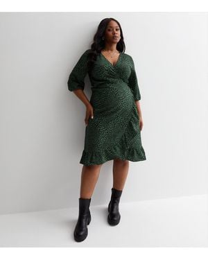 ONLY Plus Size Leaf Print Ruffle Midi Wrap Dress Curves New Look - Green