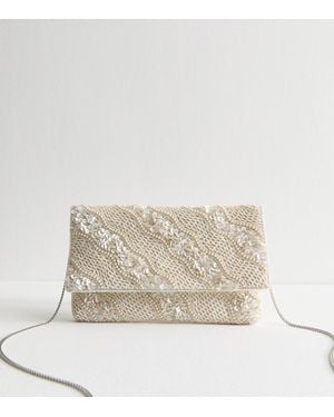 New Look Faux Pearl Embellished Flap Clutch - Natural