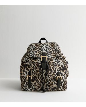 New Look Multi Pocket Leopard Print Backpack - Black