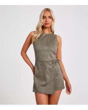 Quiz Light Khaki Faux Suede Wrap Playsuit New Look - Grey