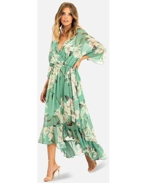 Yumi' Mint Floral Print Tiered Kimono Midi Dress New Look - Green