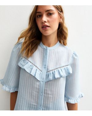New Look Semi-Sheer Frill Trim Striped Shirt - Blue