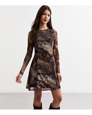 New Look Marble Pattern Skater Mini Dress - Brown