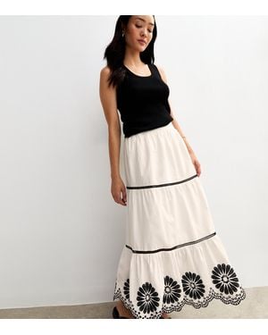 New Look Floral Embroidered Tiered Midi Skirt - White