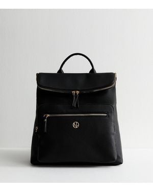 New Look Faux Leather Logo Plaque Zip Top Backpack - Black