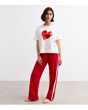 New Look Foil Heart Striped Long Pyjama Set - Red